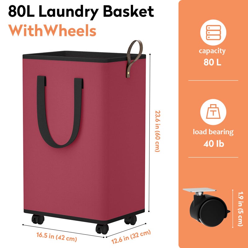 SpaceTrove Laundry Basket with Wheels, Collapsible Laundry Baskets, Laundry Hamper with Handles Detachable Wheels, Rolling Laundry Basket, Dirty Clothes Hamper for Bathroom, Dorm, Bedroom, Red, 80L - Image 4