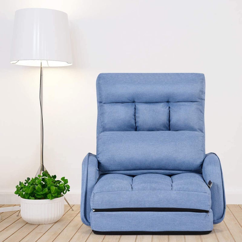 COSTWAY Adjustable Folding Lazy Sofa Bed with Armrests and Pillow Convertible Floor Armchair Sofa Seat for Home Office EasytoClean Blue