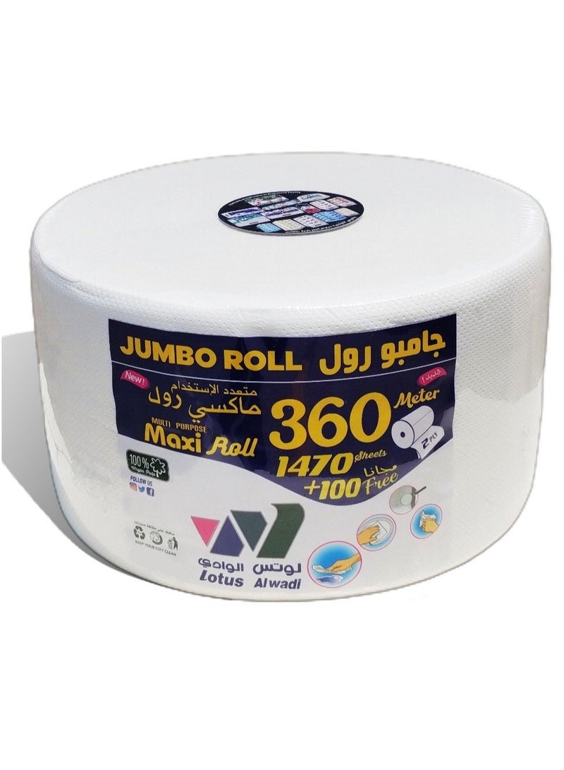 Lotus Alwadi Jumbo Roll Maxi Roll Tissues, 2 Ply, White, 360 m, 1470 meters + 100 meters - Image 1