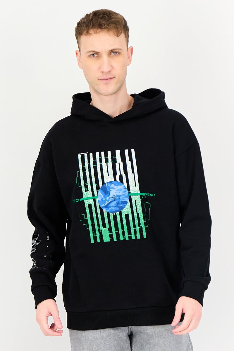 SELECTED Men Hooded Long Sleeve Graphic Print Hoodie, Black - Image 1