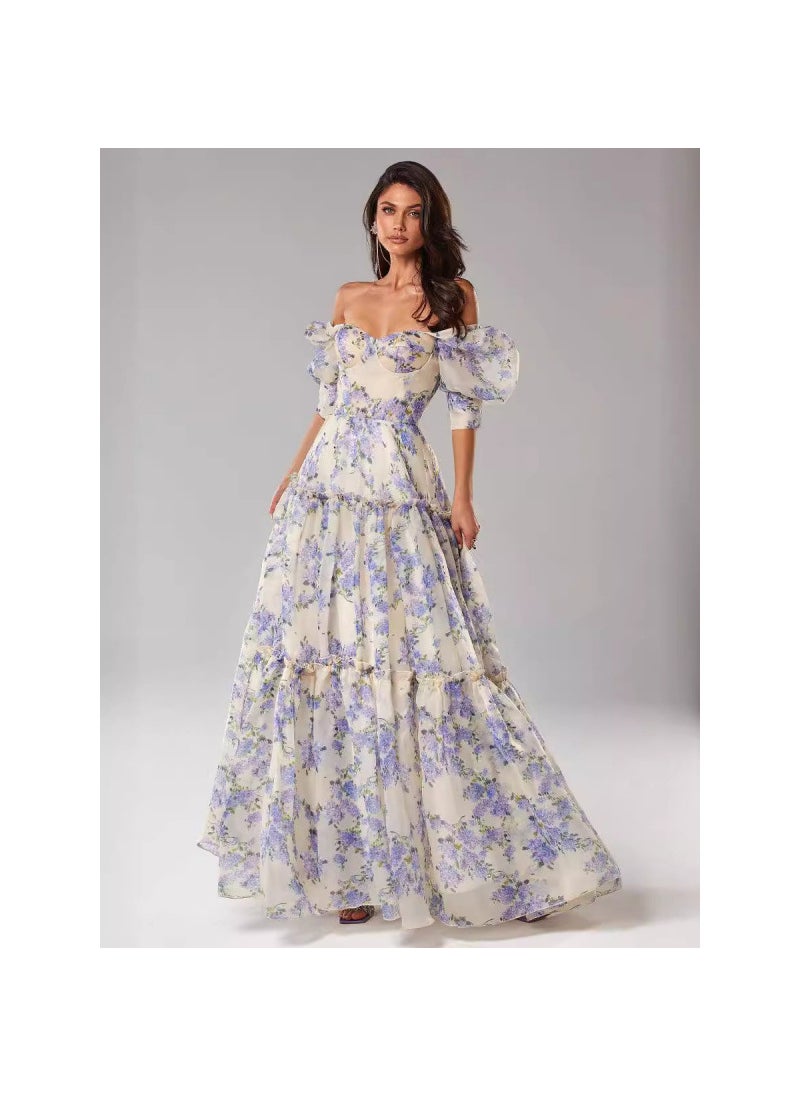 Generic Elegant Long Evening Gown Shoulder Bared Fashionable Ogeesha Fairy Tale Dress Polyester Fabric Printed Pure Color Short Sleeve Pink  - Image 2