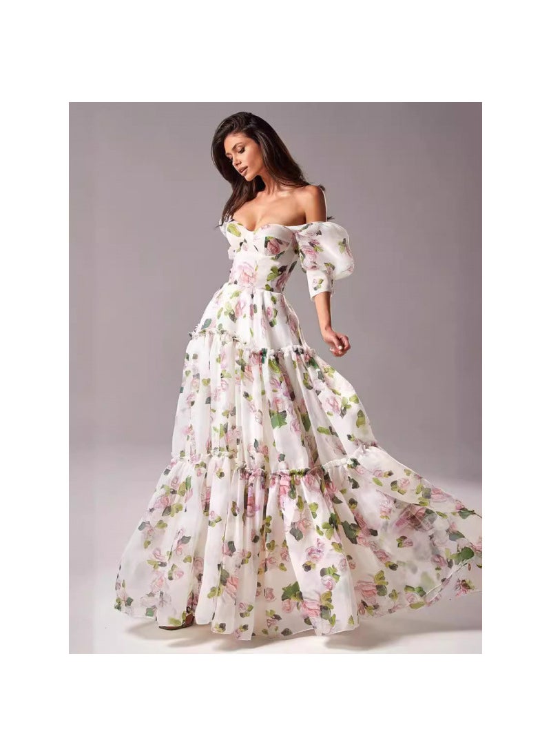 Generic Elegant Long Evening Gown Shoulder Bared Fashionable Ogeesha Fairy Tale Dress Polyester Fabric Printed Pure Color Short Sleeve Pink  - Image 1
