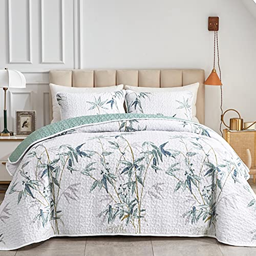 Flysheep Botanical Quilt Set 3 Pieces Full/Queen Size, Green Leaves Printed on White Reversible Bedspread Coverlet Set, Soft Microfiber Lightweight Bed Cover for All Season (90" x 90", 1 Quilt+ 2 Pillow Shams) - Image 1