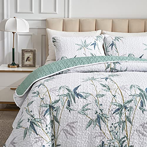Flysheep Botanical Quilt Set 3 Pieces Full/Queen Size, Green Leaves Printed on White Reversible Bedspread Coverlet Set, Soft Microfiber Lightweight Bed Cover for All Season (90" x 90", 1 Quilt+ 2 Pillow Shams) - Image 3