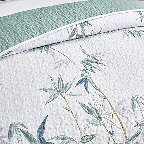 Flysheep Botanical Quilt Set 3 Pieces Full/Queen Size, Green Leaves Printed on White Reversible Bedspread Coverlet Set, Soft Microfiber Lightweight Bed Cover for All Season (90" x 90", 1 Quilt+ 2 Pillow Shams) - Image 4