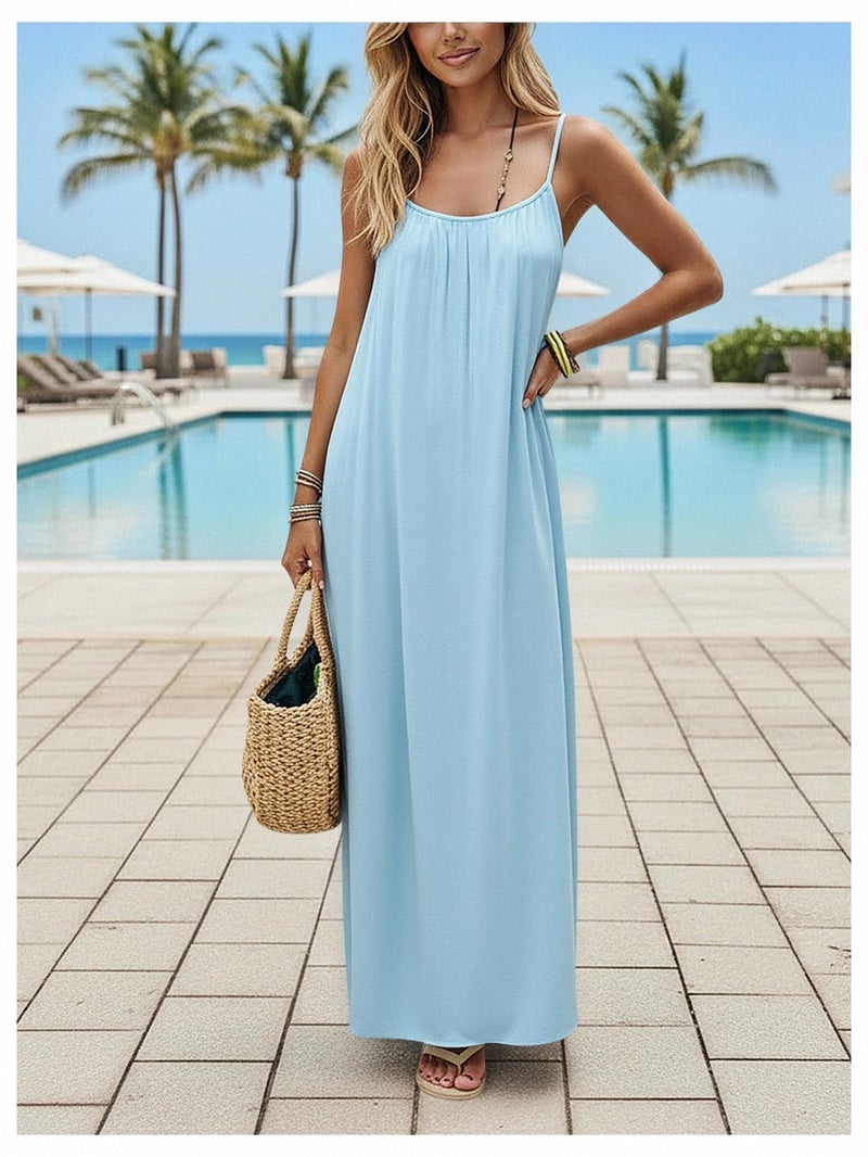 SHENHE Women's Open Back Spaghetti Strap Beach Maxi Dress Loose Flowy Vacation Sundress Blue Large - Image 4