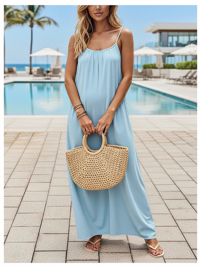 SHENHE Women's Open Back Spaghetti Strap Beach Maxi Dress Loose Flowy Vacation Sundress Blue Large - Image 3