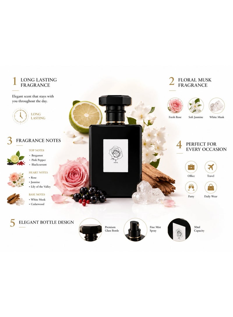 عطر نسائي برائحة الورد 50 مل، عطر زهري خشبي مع المسك يدوم طويلاً، بخاخ عطر للاستخدام اليومي، مناسب للعمل والسفر والحفلات والمواعيد الرومانسية، هدية أنيقة للنساء في أعياد الميلاد - Image 5