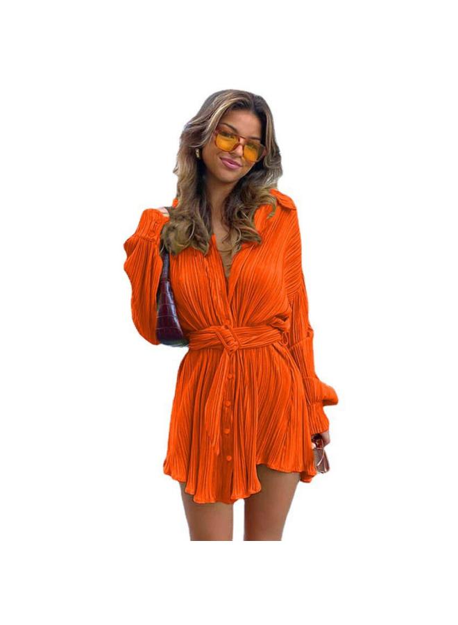 Women's New Shirt Collar Fashion Women's Elastic Waist Pleated Long Sleeve Lace-up Dress