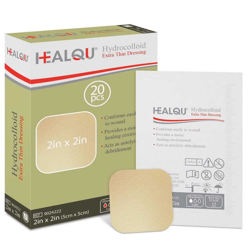 ضمادة هيدروكوليد Healqu 2x2 رقيقة علبة تحتوي على 20 ضمادة كبيرة معقمة محاطة بحدود لقرح الفراش والخدوش والمزيد مقاومة للماء وامتصاصية مع حماية