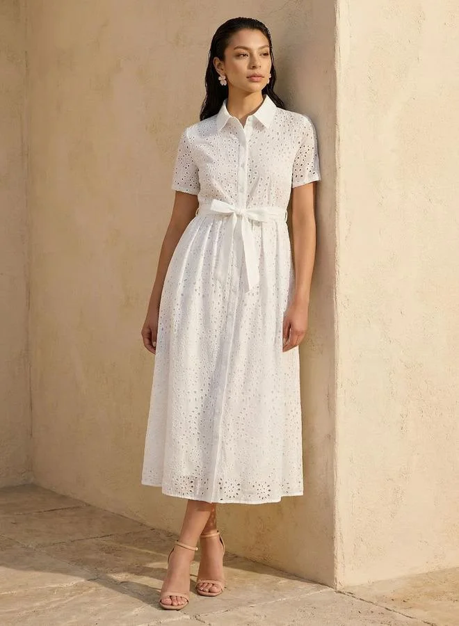 2Xtremz 2Xtremz Belted Midi Cotton Shirt Dress with Schiffli Embroidery