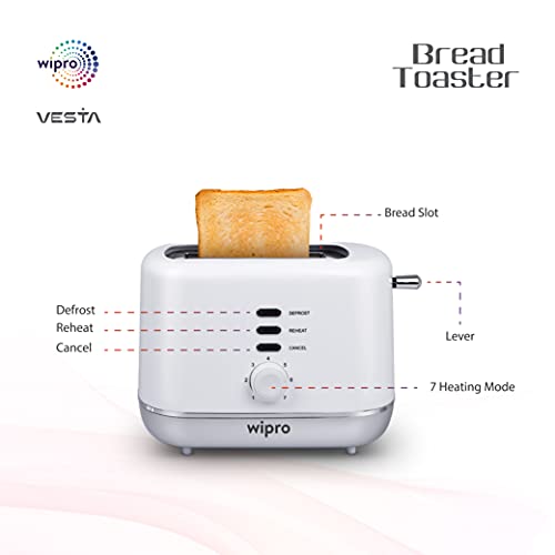 Wipro Vesta Bread Toaster 800 Watts Auto Pop up with Removable Crumb Tray, 7 Browning Levels with Defrost and Pre Heat Function (White), Standard (VA021020) - Image 5