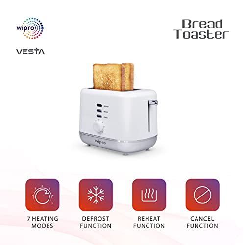 Wipro Vesta Bread Toaster 800 Watts Auto Pop up with Removable Crumb Tray, 7 Browning Levels with Defrost and Pre Heat Function (White), Standard (VA021020) - Image 3