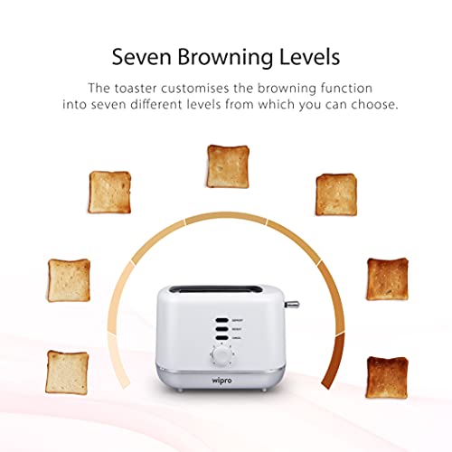 Wipro Vesta Bread Toaster 800 Watts Auto Pop up with Removable Crumb Tray, 7 Browning Levels with Defrost and Pre Heat Function (White), Standard (VA021020) - Image 4
