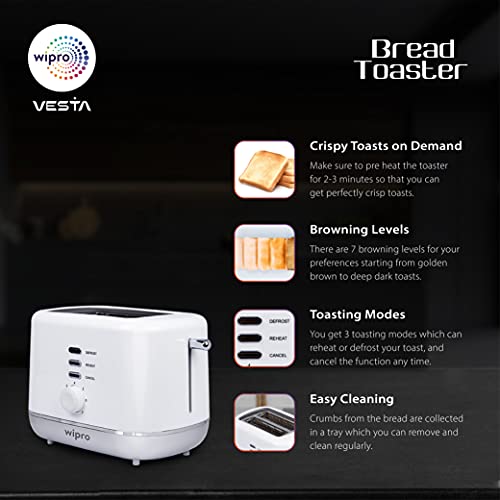 Wipro Vesta Bread Toaster 800 Watts Auto Pop up with Removable Crumb Tray, 7 Browning Levels with Defrost and Pre Heat Function (White), Standard (VA021020) - Image 2