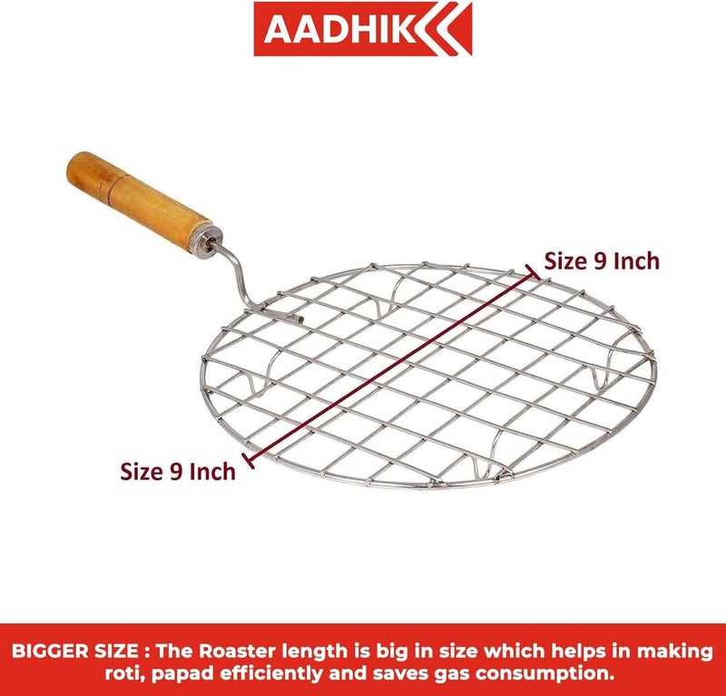 AADHIK Papad Jali Roast, Paneer Grill, Roti Maker, Barbeque Round Jali Roaster Chapati Toast Grill Wooden Handle Vegetable tandoor net, Baigan Bharta - Image 4