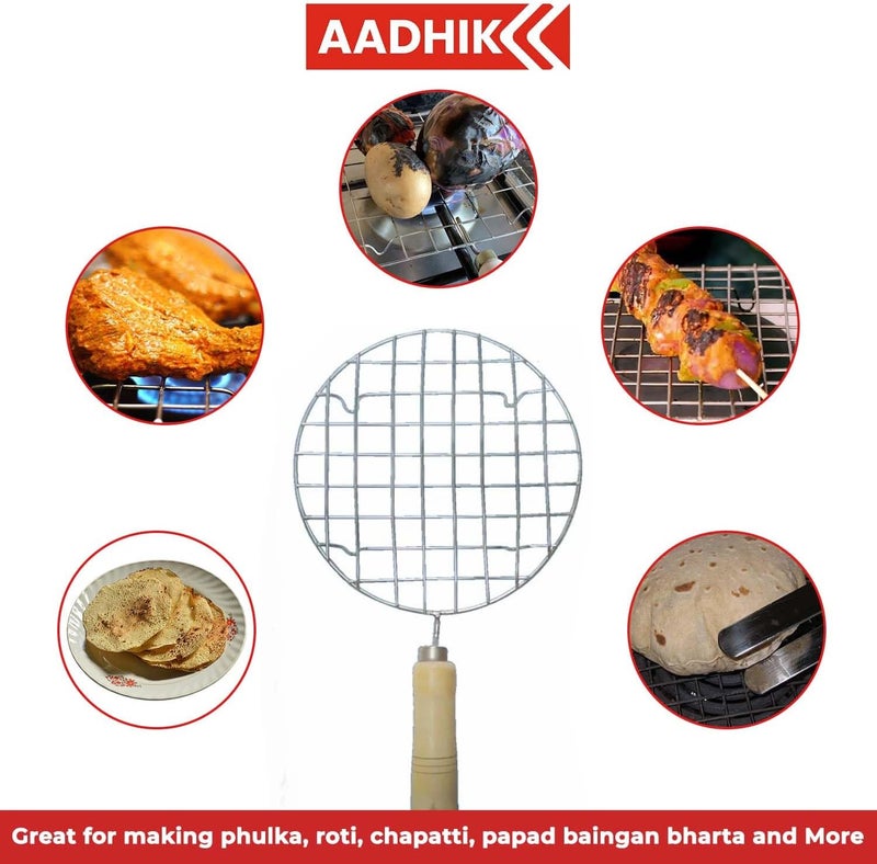AADHIK Papad Jali Roast, Paneer Grill, Roti Maker, Barbeque Round Jali Roaster Chapati Toast Grill Wooden Handle Vegetable tandoor net, Baigan Bharta - Image 2