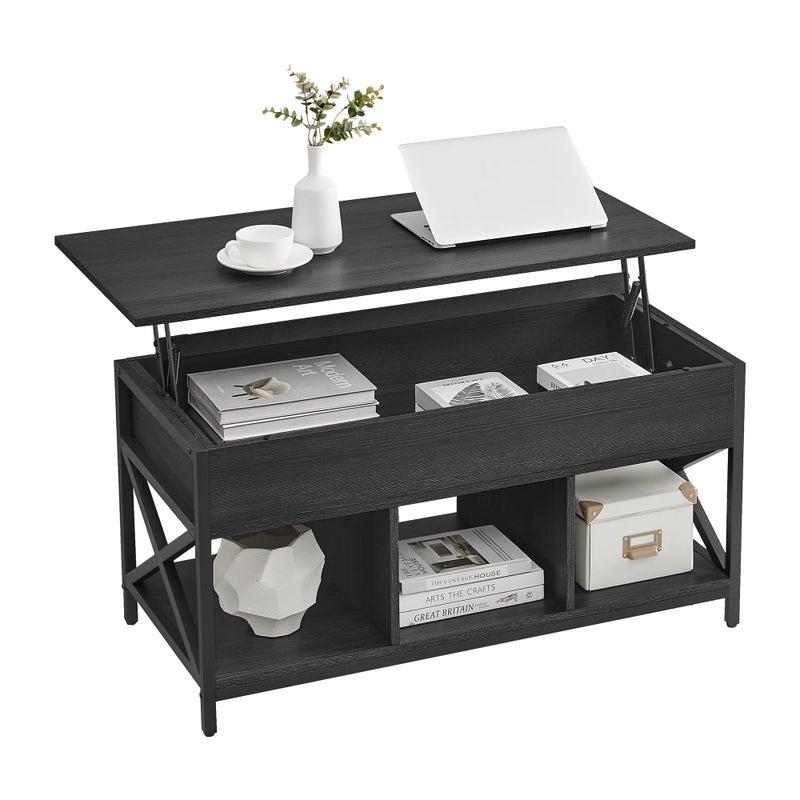 VASAGLE طاولة قهوة قابلة للرفع من فاساجل مع رف تخزين وأقسام مخفية وطاولة قابلة للرفع لغرفة المعيشة أو المكتب 197 × 394 × 193244 بوصة باللون الأسود مع نقشة الخشب ULCT202B22