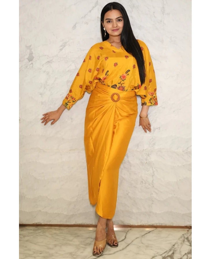 PRASHA Mustard Yellow Floral Printed Pure Muslin Batwing Loose Top with Yellow Modal Silk Wrap Round Skirt with Buckle - Image 1