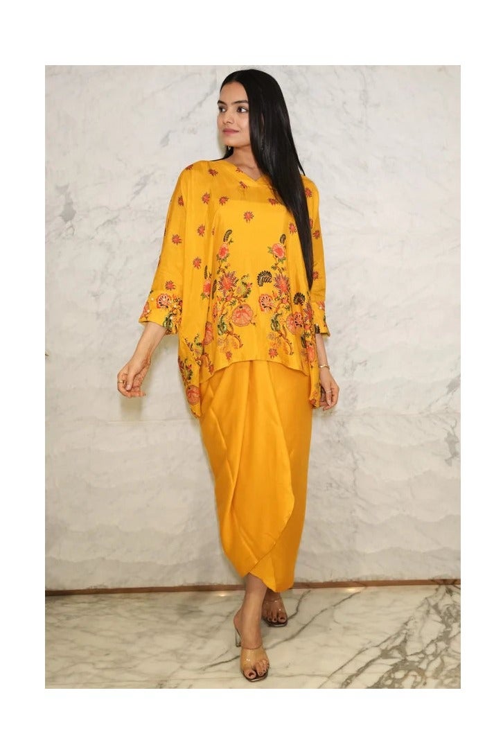 PRASHA Mustard Yellow Floral Printed Pure Muslin Batwing Loose Top with Yellow Modal Silk Wrap Round Skirt with Buckle - Image 2