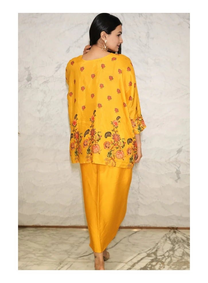 PRASHA Mustard Yellow Floral Printed Pure Muslin Batwing Loose Top with Yellow Modal Silk Wrap Round Skirt with Buckle - Image 3