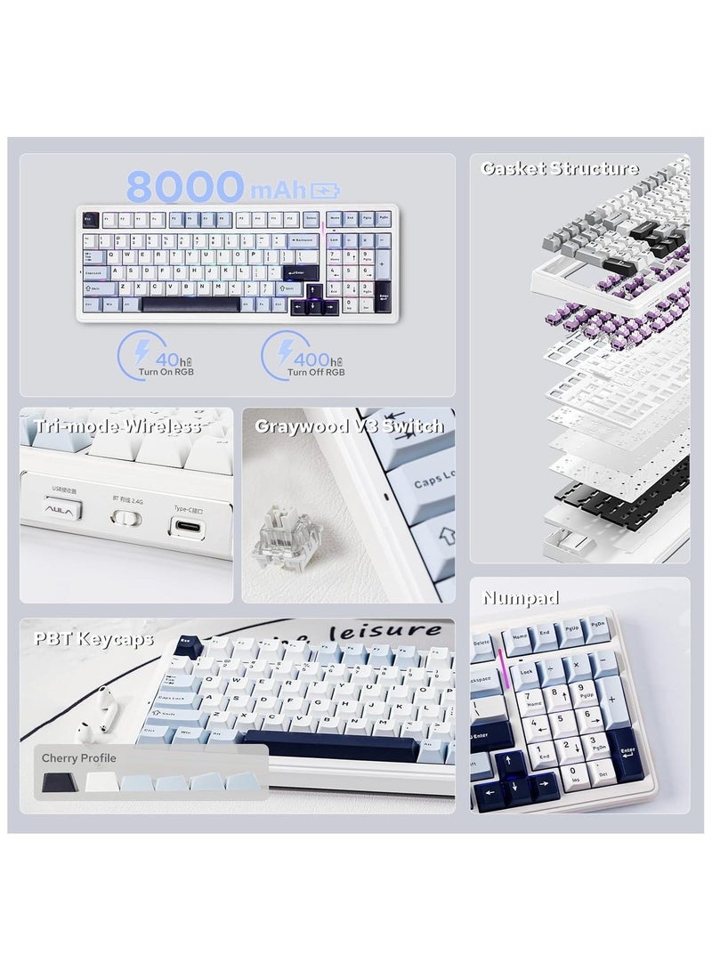 AULA F99 Gasket Mechanical Gaming Keyboard, Hot Swappable, RGB Backlit, Greywood Linear Switch, Bluetooth / 2.4G / USB-C, 8000mAh Battery – White Blue - Image 2
