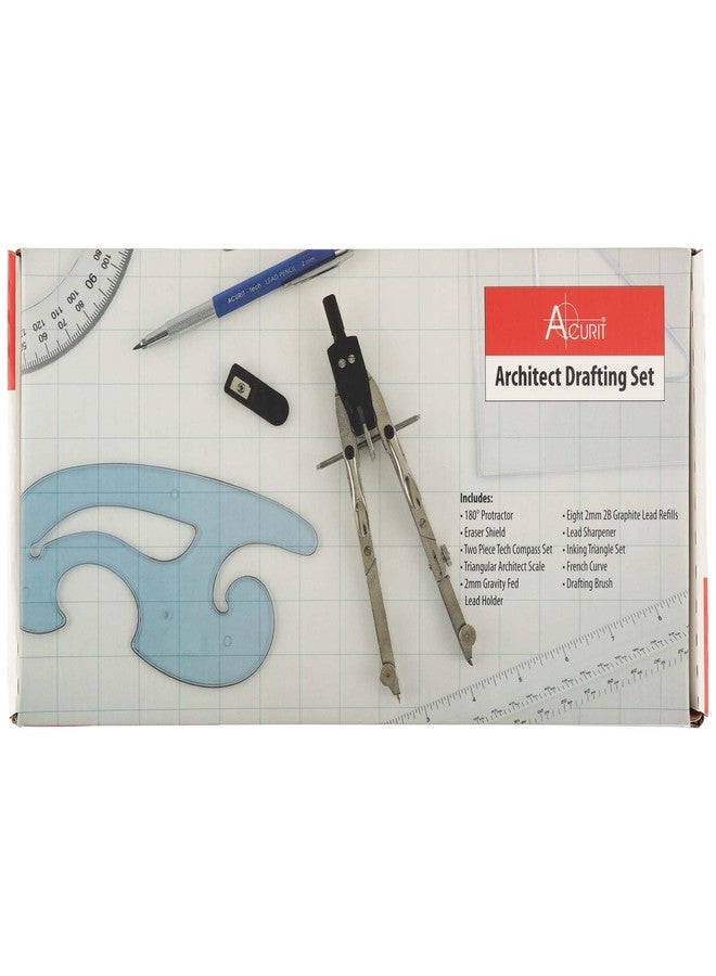 Acurit Drafting Tools Architect Set, 10 Piece Drafting Kit for Architects & Artists: Protractor, Compass, Architect's Scale, 2mm Pencil, Eraser Shield, Triangles, French Curve, Brush - Image 5