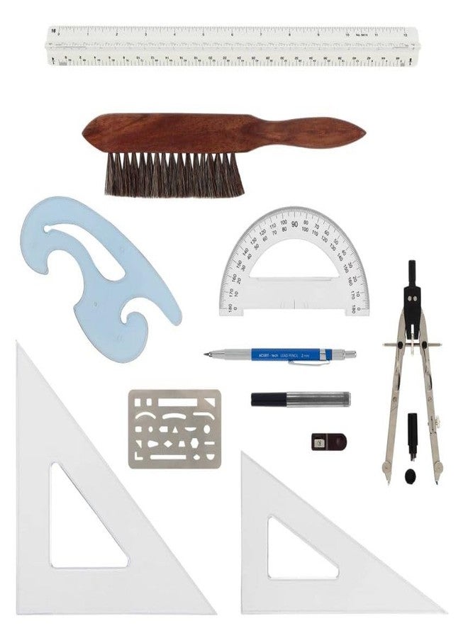 Acurit Drafting Tools Architect Set, 10 Piece Drafting Kit for Architects & Artists: Protractor, Compass, Architect's Scale, 2mm Pencil, Eraser Shield, Triangles, French Curve, Brush - Image 1