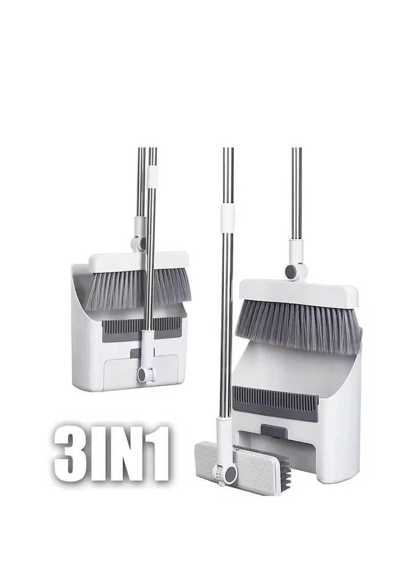 BLUE CORAL Broom Dustpan Floor Brush Set 3 In 1 Indoor Non-stick Hair Broom Combination Space Saving Steel Broomstick Household Cleaning Tools (White)  - Image 2