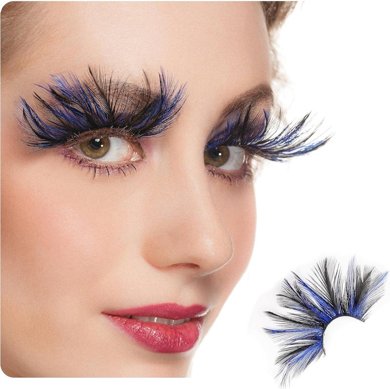 Halloween eyelashes Double Lip Black with Blue Big Extra Long Feather eyelashes Long and Thick Exaggerated False Eyelashes Extension for Women Girls Cosplay Fancy Ball Halloween Blue