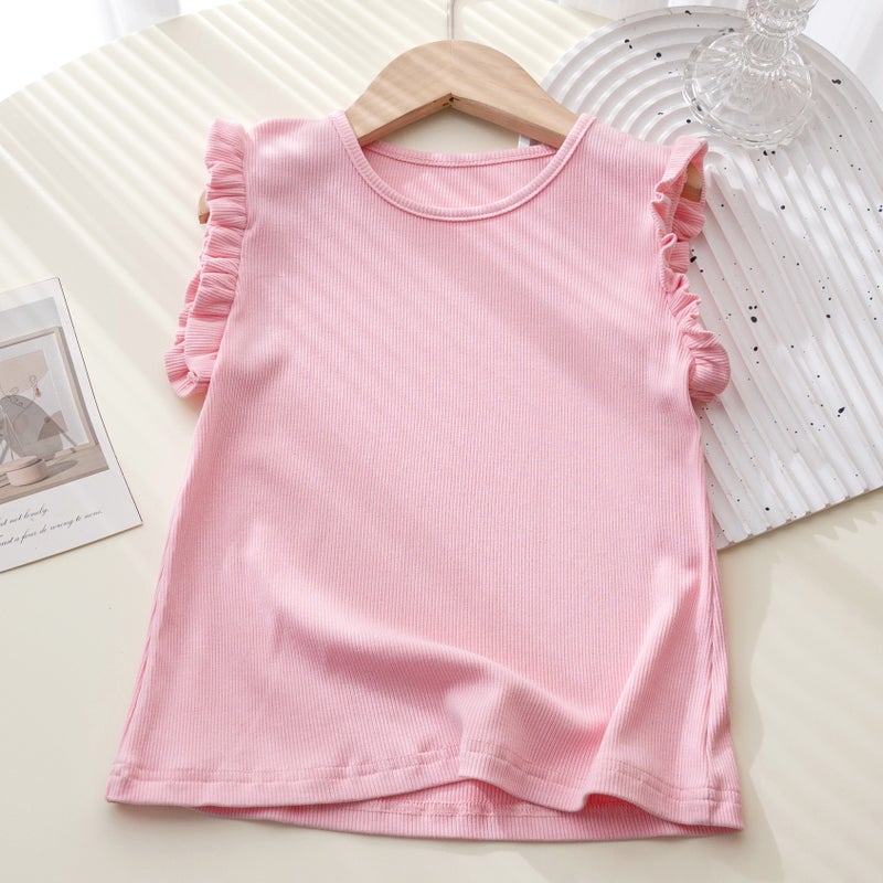 Girls' T-Shirt Summer Thin Vest Outer Wearing Pure Cotton Western Style Girl'S New Short Sleeve Joker Small Flying Sleeve Top - Image 1