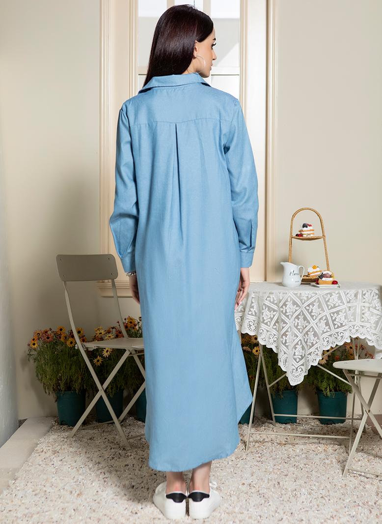 Casual Lapel Solid color Pocket Shirt sleeve Long Dresses Light blue - pzsku/Z2CCF46897DD43692A791Z/45/_/1735292725/e26ec8a2-75f4-49ef-b6e4-b6b83feb8ff7