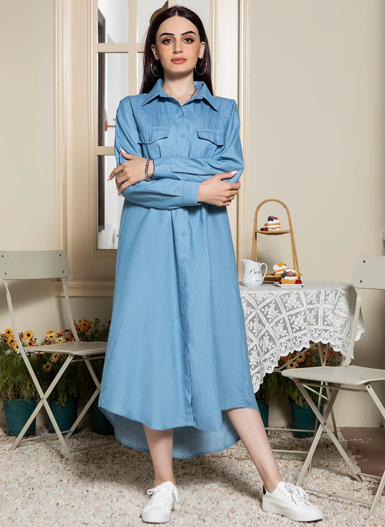 Casual Lapel Solid color Pocket Shirt sleeve Long Dresses Light blue - pzsku/Z2CCF46897DD43692A791Z/45/_/1735292760/3d719f92-38c1-4818-ba11-55ee06474193