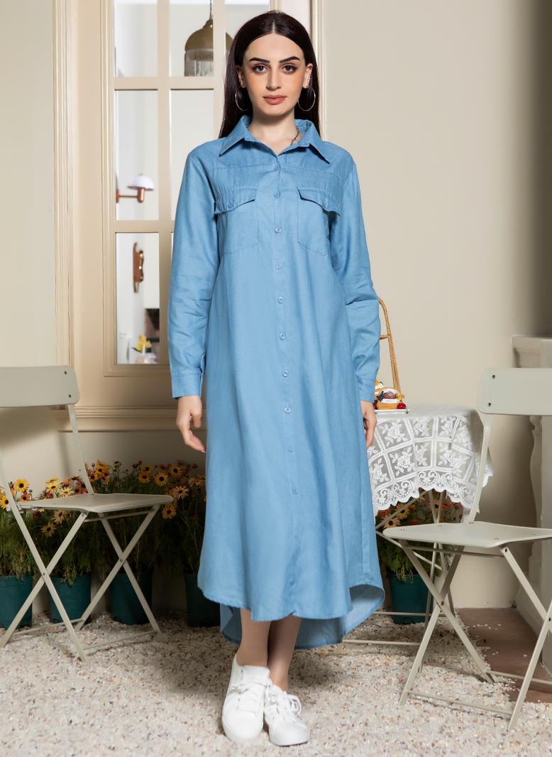 Casual Lapel Solid color Pocket Shirt sleeve Long Dresses Light blue - pzsku/Z2CCF46897DD43692A791Z/45/_/1735292922/ced1084e-4c0d-4a2e-b2b9-c16e1112ef29