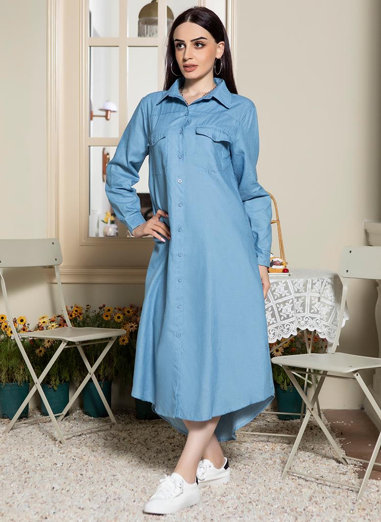 Casual Lapel Solid color Pocket Shirt sleeve Long Dresses Light blue - pzsku/Z2CCF46897DD43692A791Z/45/_/1735292925/830e5eb8-d0b3-4360-8d73-ad6ff489f085