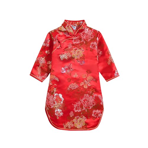 Noubeau Girls Qipao Peony Long Sleeve Dress Chinese New Year Clothing Chinese Traditional Clothes for Kids Toddler 1-12Y（Red, 1-2 Years） - Image 1