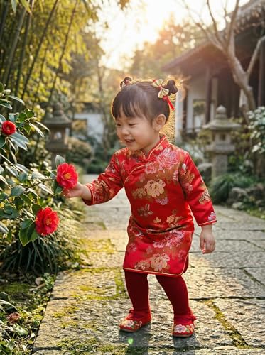 Noubeau Girls Qipao Peony Long Sleeve Dress Chinese New Year Clothing Chinese Traditional Clothes for Kids Toddler 1-12Y（Red, 1-2 Years） - Image 2
