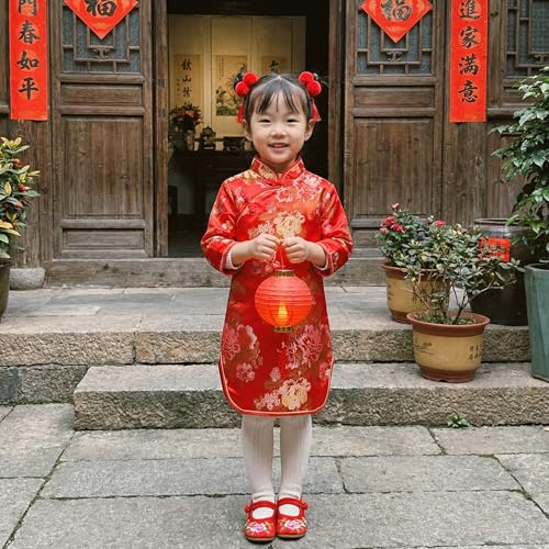 Noubeau Girls Qipao Peony Long Sleeve Dress Chinese New Year Clothing Chinese Traditional Clothes for Kids Toddler 1-12Y（Red, 1-2 Years） - Image 3