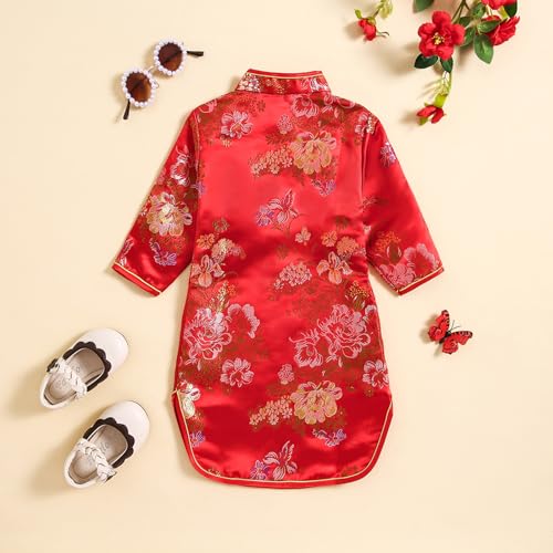 Noubeau Girls Qipao Peony Long Sleeve Dress Chinese New Year Clothing Chinese Traditional Clothes for Kids Toddler 1-12Y（Red, 1-2 Years） - Image 4