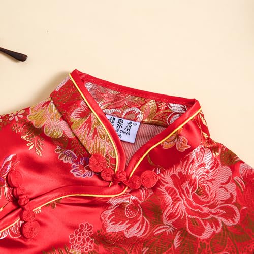 Noubeau Girls Qipao Peony Long Sleeve Dress Chinese New Year Clothing Chinese Traditional Clothes for Kids Toddler 1-12Y（Red, 1-2 Years） - Image 5
