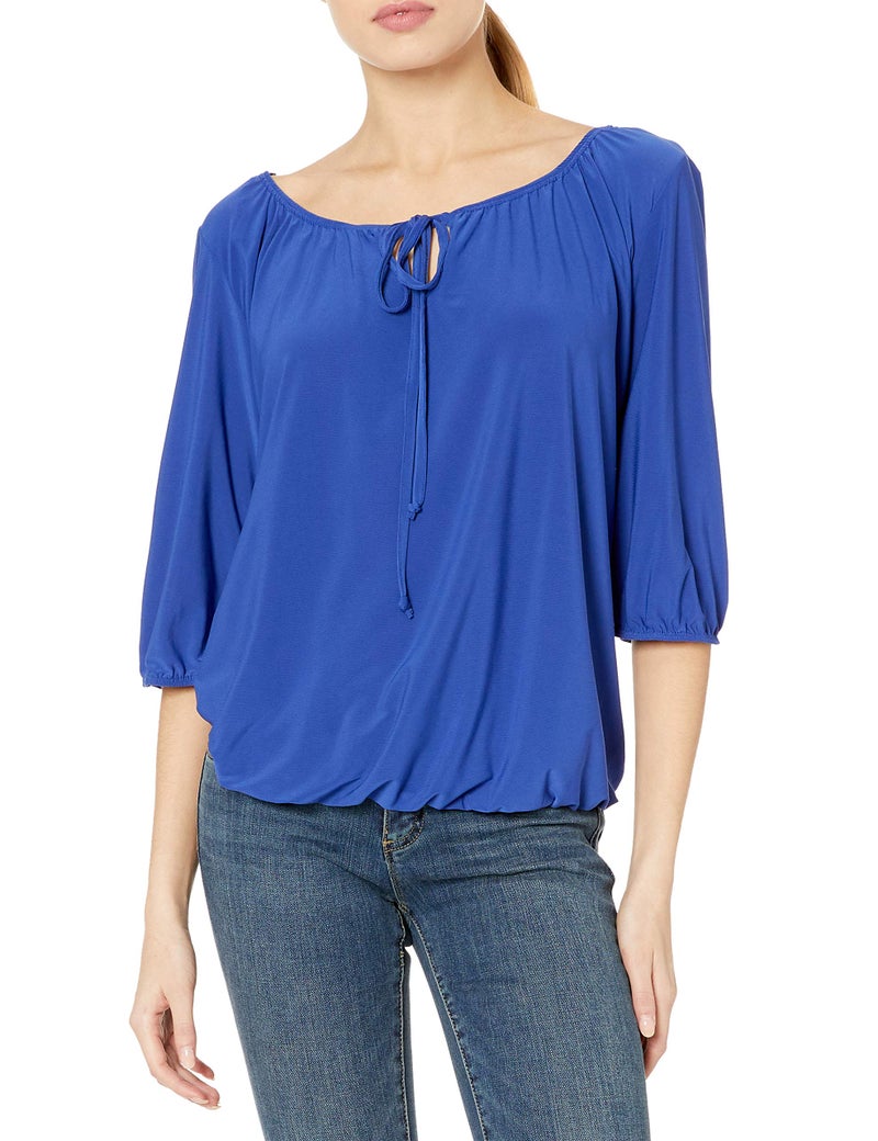 Star Vixen Women's Elbow Sleeve Elastic Hem Peasant Top with Keyhole Tie, Royal, Small - Image 3