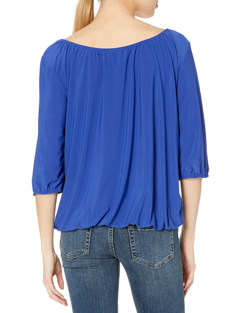 Star Vixen Women's Elbow Sleeve Elastic Hem Peasant Top with Keyhole Tie, Royal, Small - Image 2