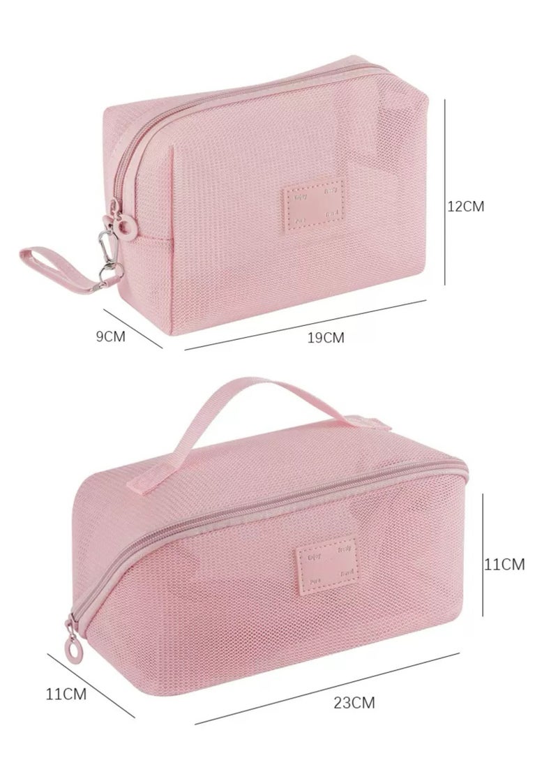AuliceVerse - 2 Piece Pink Travel Set Transparent Mesh Makeup pouch organizer Toiletry Bags Large Capacity Ultra Light Breathable Sturdy with Handles - Image 1