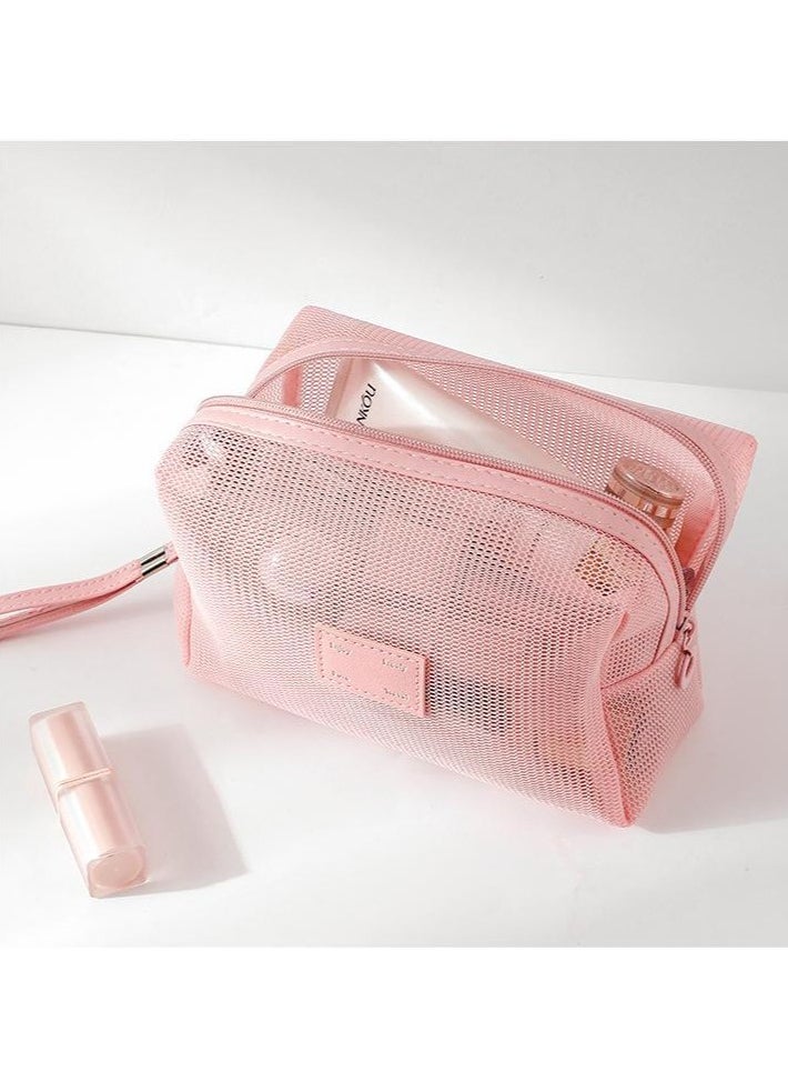 AuliceVerse - 2 Piece Pink Travel Set Transparent Mesh Makeup pouch organizer Toiletry Bags Large Capacity Ultra Light Breathable Sturdy with Handles - Image 1