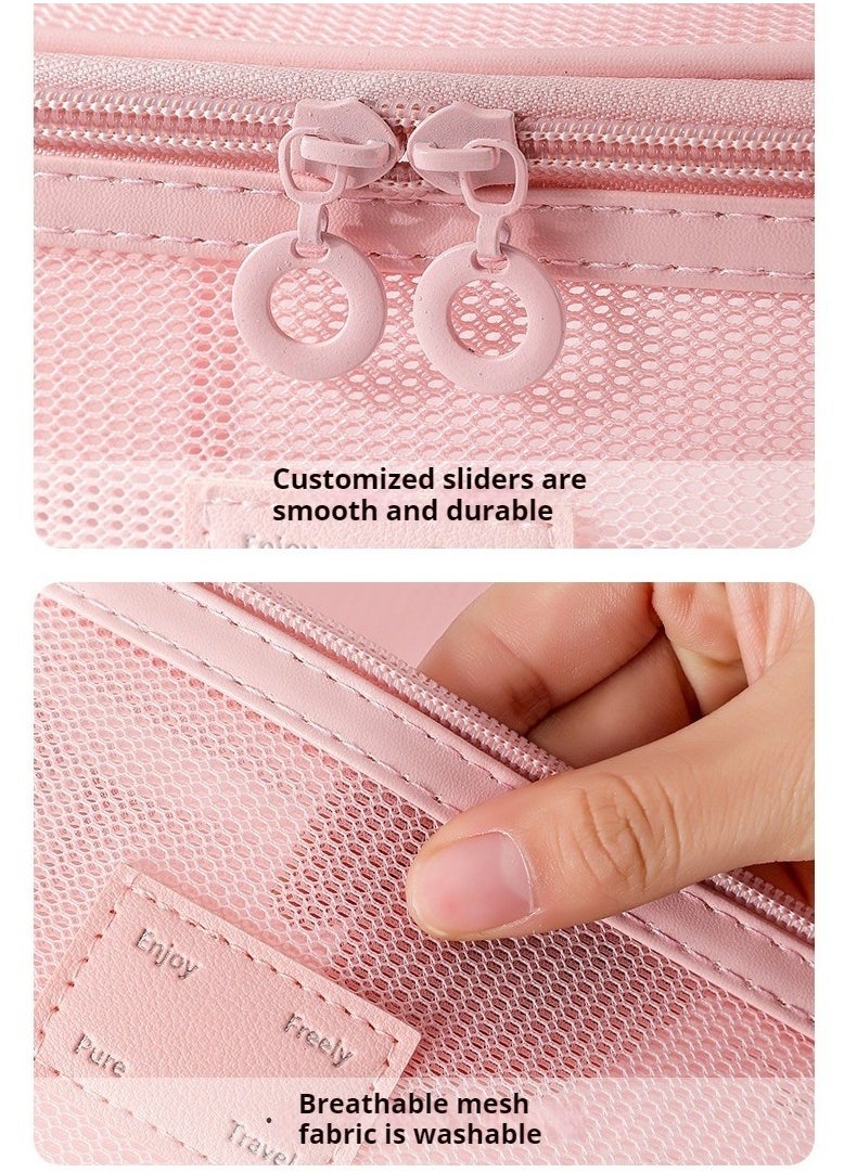 AuliceVerse - 2 Piece Pink Travel Set Transparent Mesh Makeup pouch organizer Toiletry Bags Large Capacity Ultra Light Breathable Sturdy with Handles - Image 1