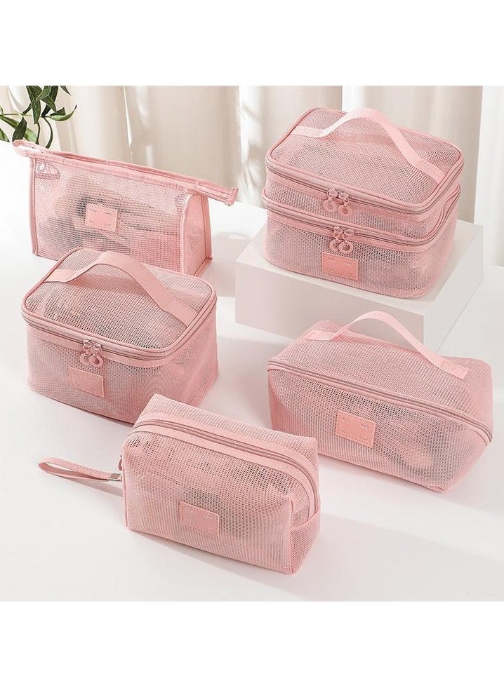 AuliceVerse - 2 Piece Pink Travel Set Transparent Mesh Makeup pouch organizer Toiletry Bags Large Capacity Ultra Light Breathable Sturdy with Handles - Image 1