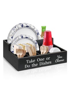 Paper Plate Holder for Kitchen Counter, Paper Plate Organizer with Large Cup Holder,Wooden Paper Plate Dispenser Caddy,Disposable Plate Cup Napkin Dispenser Box Coffee Station
