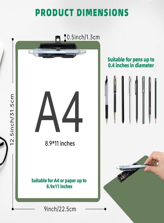 FRETONBA Clipboard with Pen Holder, 2 Pack Plastic Clipboard with Low Profile Metal Clip, Hanging Clip Boards Holds 8.5x11 Inch Papers, Standard A4 Letter Size Clip Boards for Offices & School, Green - Image 2