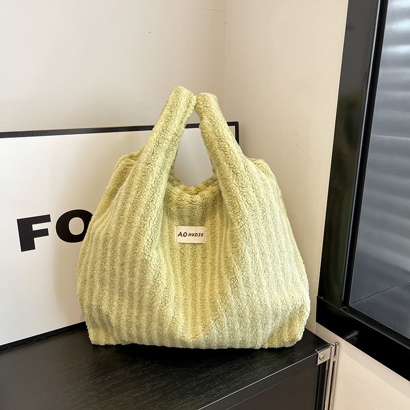 Simple Striped Plush Tote Bag Women'S Large Capacity Fashionable Mao Mao Handbag Niche Shoulder Bag - Image 2
