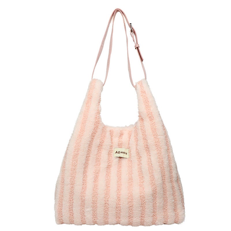 Simple Striped Plush Tote Bag Women'S Large Capacity Fashionable Mao Mao Handbag Niche Shoulder Bag - Image 1